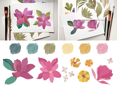 Sketches and process botanical colourfull design fashion flowers illustration leaves pattern plants print textile