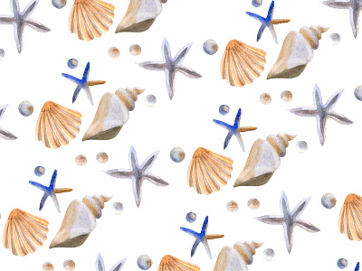 Sea Pattern botanical design fashion graphic design illustration pattern pearls print sea sea stars shells texture watercolour