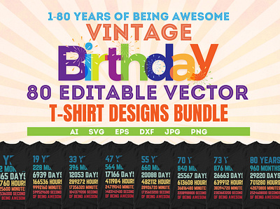 1 to 80 Years of Being Awesome Vintage Birthday Designs Bundle birthday birthday design birthday gift birthday t shirt designs bundle t shirt bundles t shirt design