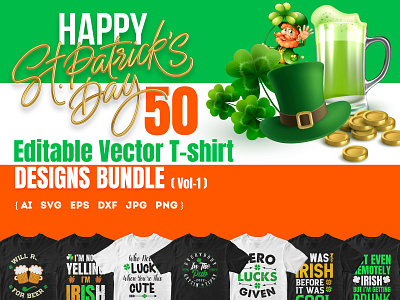 St Patrick's Day 50 Editable T shirt Designs Bundle Vol-1