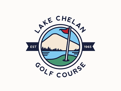 Lake Chelan Golf Course Logo flag golf golf course lake logo mountain pine trees