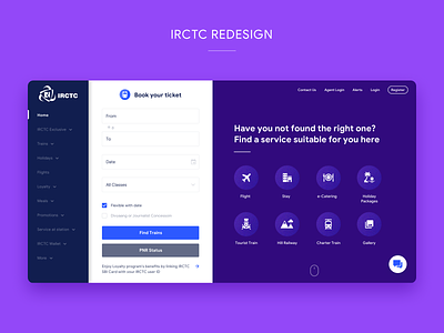 IRCTC Homepage Redesign homepage icons illustration icons one page layout railway ticketing redesign sidebar ticketing tiketing two column ui design