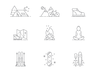 Camp Icons campfire camping hiking icon line icons mountain bike nature paddle board ski skiing snowboard yoga