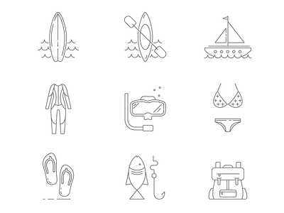 Camp Icons backpack boat camping fishing flip flops icon kayak line snorkeling surfing swim suit wetsuit