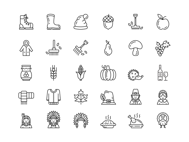 Thanksgiving icons autumn clothing food holiday icon line native american outline pie pilgrim thanksgiving thanksgiving day turkey
