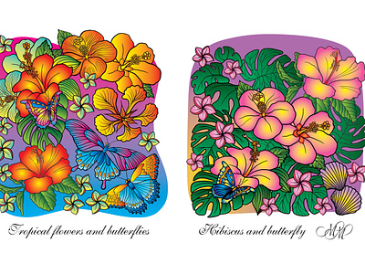 Tropical flowers and butterflies. Vector illustrations