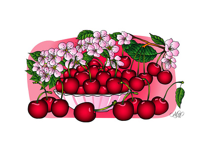 Juicy cherry and cherry flowers. Vector illustration