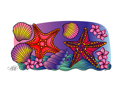 Starfish, shells and tropical flowers. Vector illustration