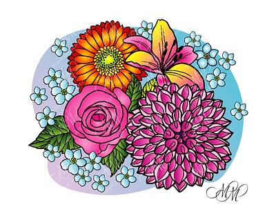 Rose, dahlia, lily, gerbera, forget-me-nots. Floral illustration
