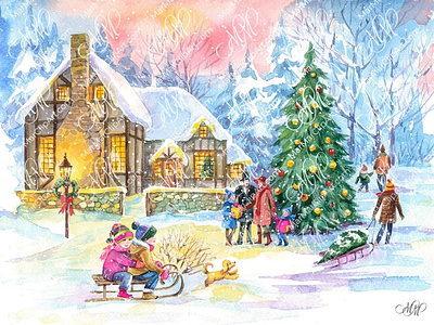 Christmas time: snow-covered village with a Christmas tree children christmas christmas illustration christmas image christmas time christmas tree christmas village festive time hollyday illustration instant download labels design new year pictures new year scene packaging design snow covered village watercolor illustration winter country winter scene winter time