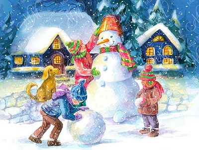 Christmas night: children make a snowman children christmas art christmas country christmas night christmas scene christmas stock christmas time graphic design instant download labels design new year new year country packaging design printable art snowmen snowy village winter countyside winter time winter village