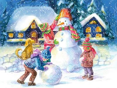 Christmas night: children make a snowman