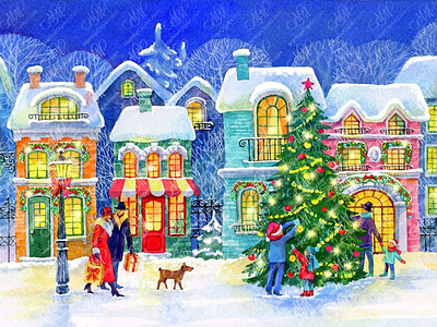 Christmas Town: Winter Evening christmas christmas decoration christmas evening christmas fairytale christmas illustration christmas scene christmas stock christmas town christmas tree christmas watercolor graphic design instant download labels design new year packaging design stock illustration watercolor illustration winter evening winter scenes winter time