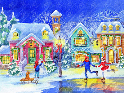 Christmas town: winter scenes. Watercolor illustration christmas city christmas clipart christmas decorations christmas illustration christmas postcard christmas time christmas town christmas watercolor graphic design greeting cards illustration instant download labels design new year new year card packaging design watercolor illustration winter evening winter scenes winter time