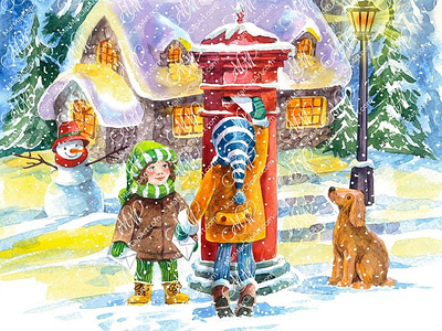 Christmas scene: letter to Santa Claus. 
Watercolor illustration