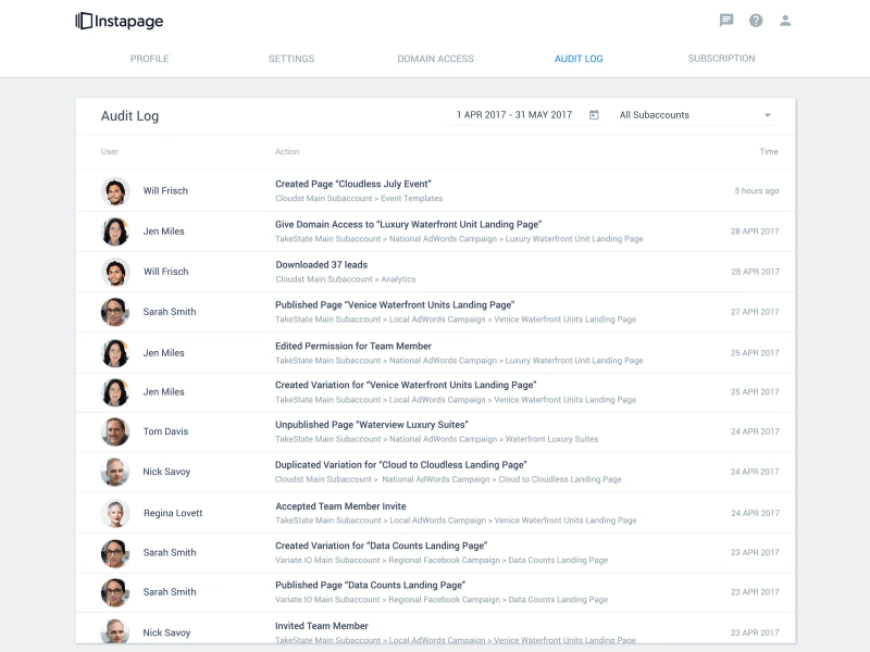 Instapage New Feature Releasing Day! Audit Log
