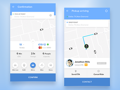 Ridemate - Car Sharing App app arriving car clean driver map pickup ride share simple uber ui