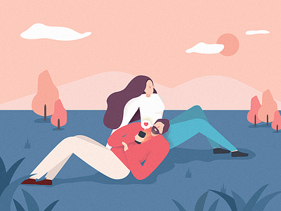 couple picnic chill couple hangout illustration park phone picnic sunset