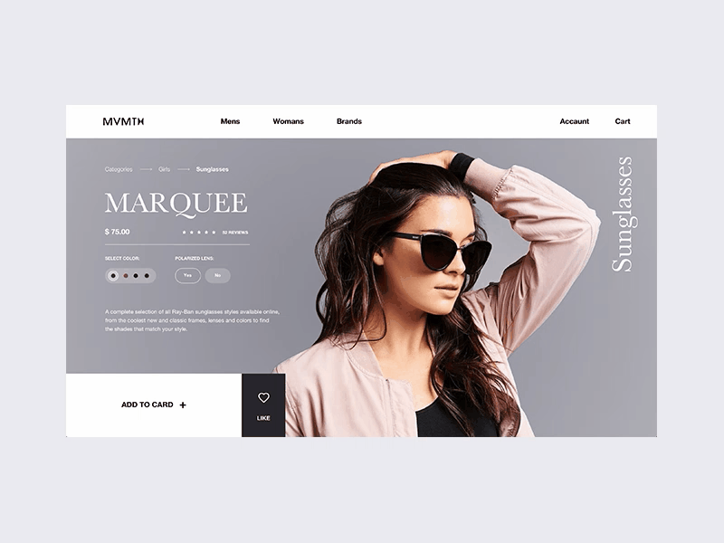 Sunglasses product page for online store Mvmth concept e commerce fashion girls interface shop sunglasses ui ux