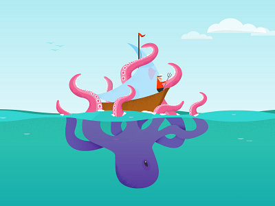 Disaster At Sea! boat illustration ocean octopus sailboat sea
