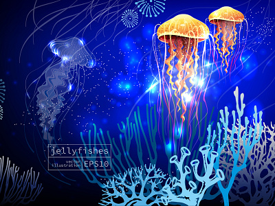Background with Glowing Vivid Transparent Jellyfishes