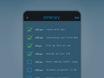 Itinerary iOS App for DailyUI 079. 079 app bay area calendar checklist dailyui for hire freelance itinerary to do