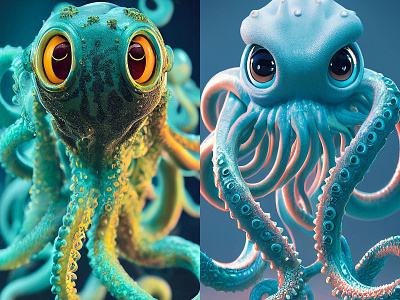 Octopus series 🐙 3d ai artificial intelligence blue character character design cute design eyes faces graphic green illustration illustrator midjourney octopus photoshop pixar purple tentacles