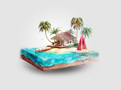 Isometric Beach house beach beach house blue boat fish foam house illustration island isometric palm tree red sand under sea water