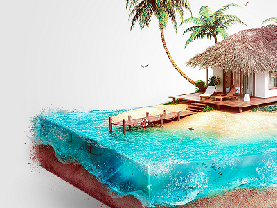 Isometric Beach house beach beach house blue boat fish foam house illustration island isometric palm tree red sand under sea water