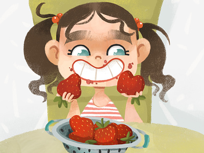 Cute children with strawberry art for kids book illustration character character design child childhood childrens art childrens book childrens illustration cute emotional happy kid illustration kids school smile strawberry summer