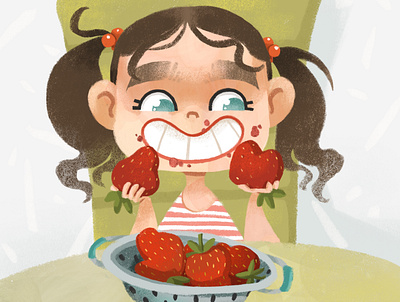 Cute children with strawberry art for kids book illustration character character design child childhood childrens art childrens book childrens illustration cute emotional happy kid illustration kids school smile strawberry summer