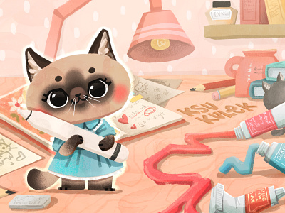 Little kitty’s workspace apple pencil artist banner book illustration cat character character design childrens art childrens book childrens illustration cute cute cat cute character illustration kitty siamese cat sketchbook work table workspace