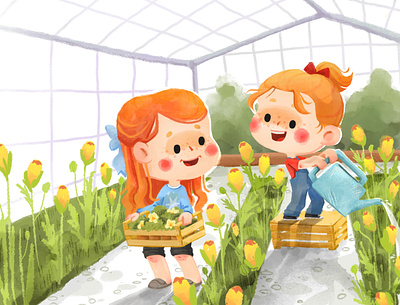 Kids in the greenhouse book for kids book illustration character children childrens book childrens illustration cute ecology art ecology children garden greenhouse illustration kids little girls poppies red hair redhair girl scene with kids tulips water flowers