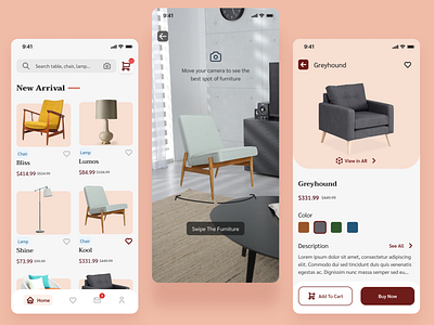 Furniture Shop App With AR app appdesign appdesigner ar design furniture inspiration shop ui userexperience userinterface ux