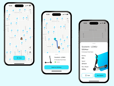 ScooterIn - Electric Scooter Share App appdesign appdesigner booking clean design e scooter electric scooter gradient map scooter ui userexperience userinterface ux