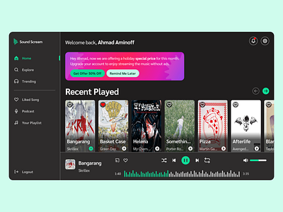 Sound Scream - Streaming Music Dashboard dark mode dashboard design music streaming ui userexperience userinterface ux