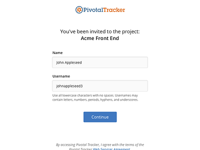 Pivotal Tracker sign up screen invitation new user product design sign up ui