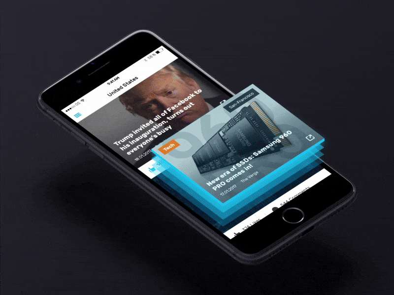 Maxi News App animation app articles branding cards feed floating ios layout news share social trump