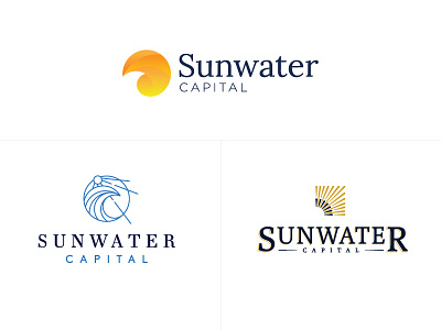 Sunwater Capital Logos blue branding capital gold icon identity logo orange sun sunrays water wave