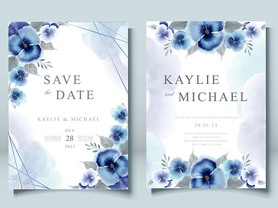 Wedding Invitation Card - Watercolor Blue Pansies