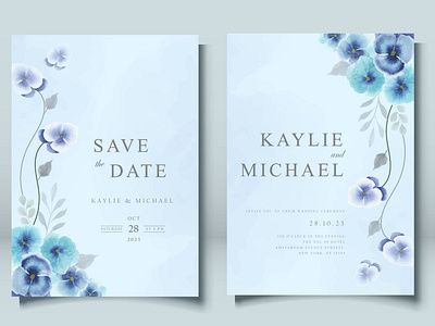 Wedding Invitation Card - Watercolor Blue Pansies