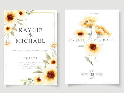 Wedding Invitation Card - Watercolor Yellow Flower botanical breezy card decoration floral flower graphic design handdrawn illustration invitation rustic spring summer template watercolor watercolor floral watercolor flower wedding wedding invitation card yellow flower