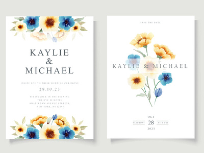 Wedding Invitation Card - Watercolor Blue & Yellow Flower