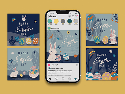 Social Media Post Template - Happy Easter Day bunny celebrate christian culture decoration easter easter bunny easter egg easter egg basket easter rabbit festive graphic design handdrawn happy easter day illustration jewish passover rabbit template tradition