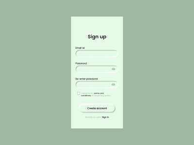 Neumorphic sign up page 001 app dailyui design figma green mobile neumorphism poppins roboto shadow signin signup ui userinterface