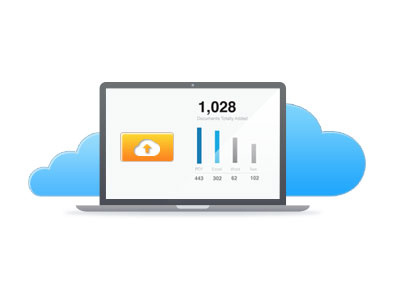 Migrate To The Cloud blue cloud data illustration lap top macbook migrate orange upload vector