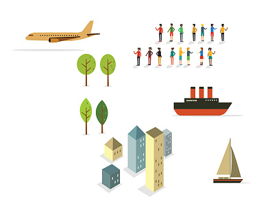 Vector bits 1950s boat buildings illustration people plane ship trees vector