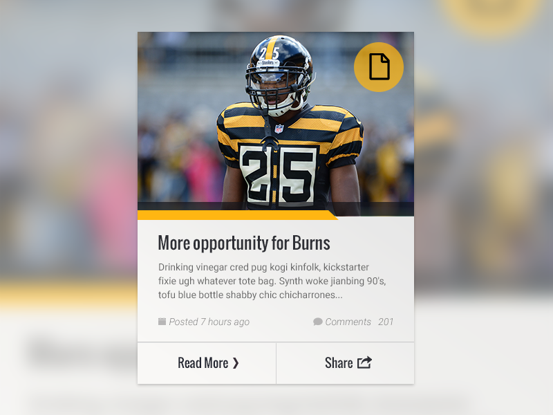 Featured Content Card ux visual design ui image content block news feed football yellow black