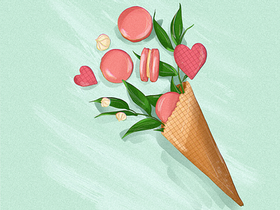 Waffle cone with macaroons decoration flat graphic design holidays illustration leaves rastr