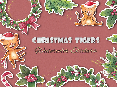 Christmas tigers - watercolor stickers cartoon christmas clip art collection holliday holly new year stickerpack stickers tiger watercolor winter wreath